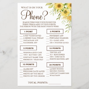 Sunflower What is on your phone Shower game card Flyer
