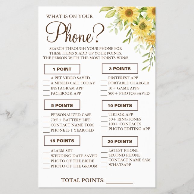 Sunflower What is on your phone Shower game card Flyer (Front)