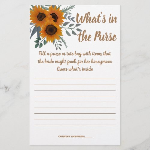  SUNFLOWER WHATS IN THE PURSE SHOWER GAME CARD FLYER