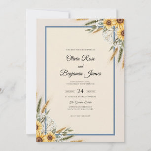 Sunflower Wheat Navy Eucalyptus Wedding Invitation