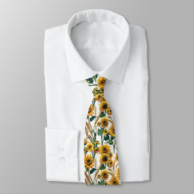 Sunflower & Wheat Seamless Country Pattern Neck Tie (Tied)