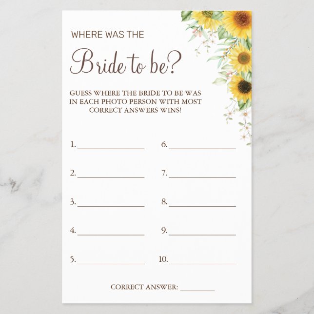 Sunflower Where was She Bridal shower game card Flyer (Front)