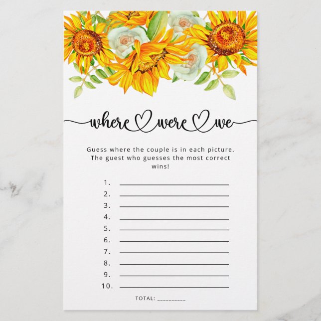 Sunflower where were we bridal shower game (Front)