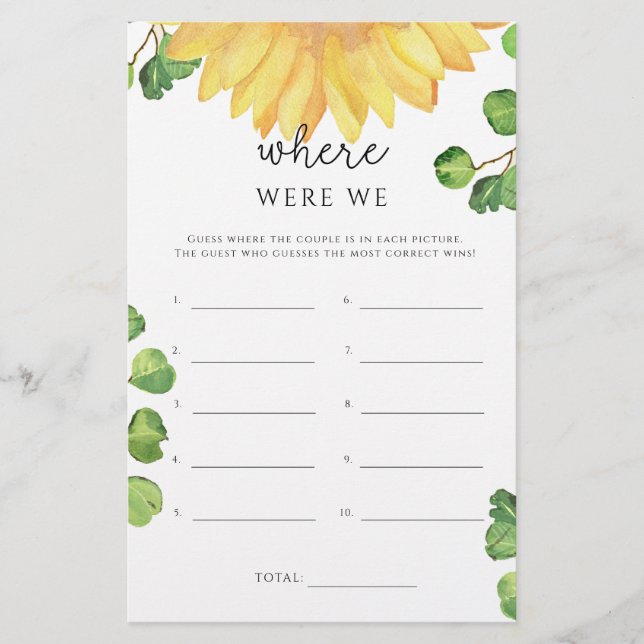 Sunflower Where were we bridal shower game (Front)