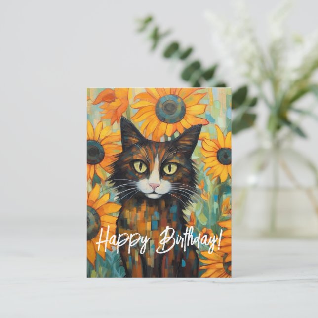 Sunflower Whiskers Delight Cat Lover's Birthday Postcard (Standing Front)