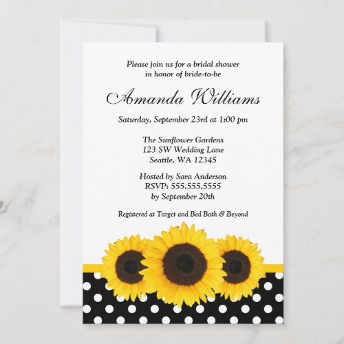 Sunflower White and Black Polka Dot Bridal Shower Invites