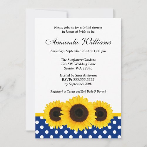 Sunflower White and Blue Polka Dot Bridal Shower Custom Invite