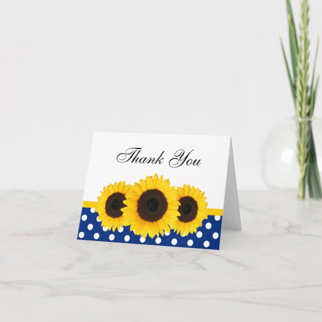 Sunflower White and Blue Polka Dot Thank You Card (Front)