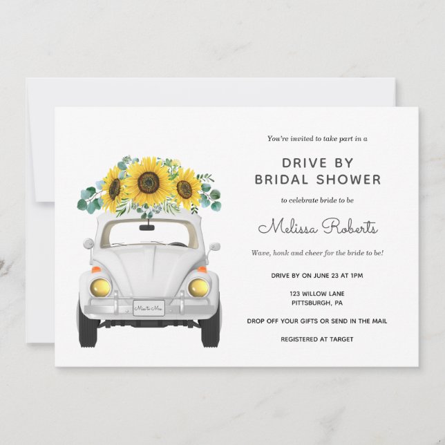 Sunflower White Car Drive By Bridal Shower Invitation (Front)