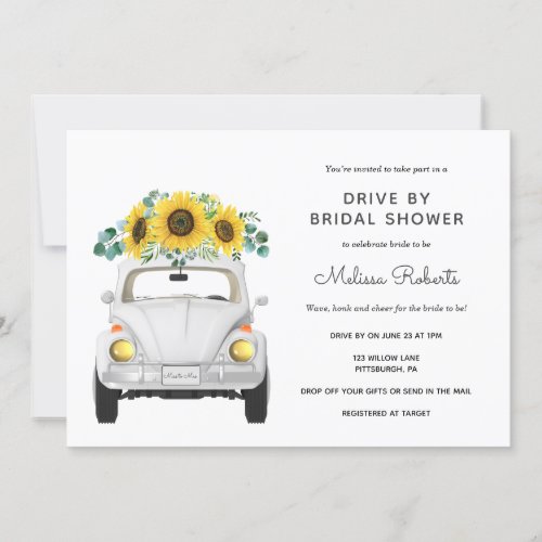 Sunflower White Car Drive By Bridal Shower Invitation