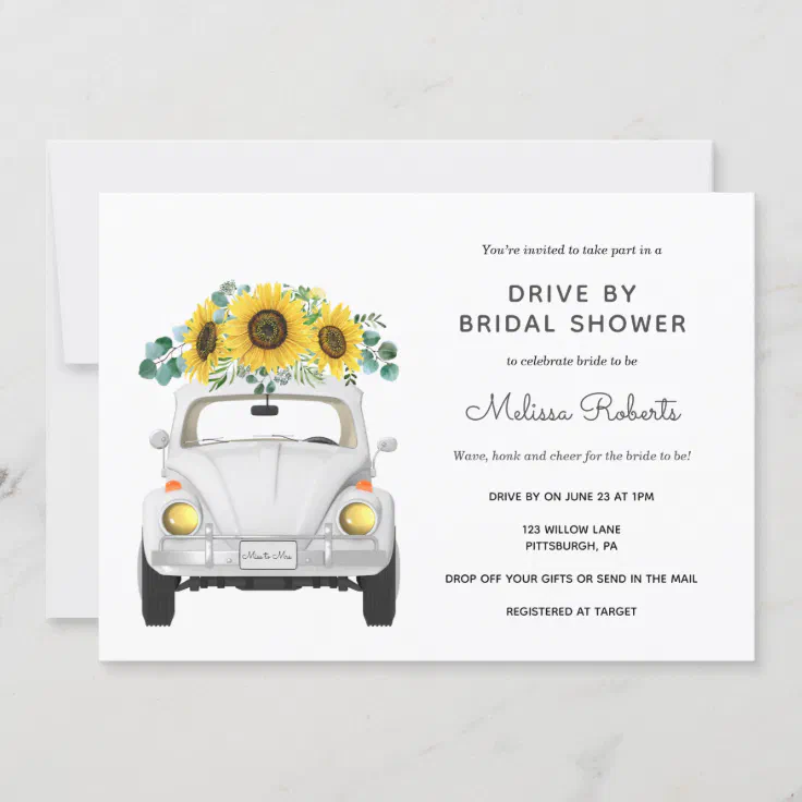 Sunflower White Car Drive By Bridal Shower Invitation Zazzle
