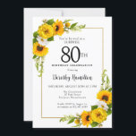 Sunflower White Daisy 80th Birthday Surprise Invitation<br><div class="desc">Pretty yellow sunflower floral 90th birthday card. Yellow peonies and white daisies mingle with the sunflowers. A rectangular gold frame gives it an elegant vibe. Very easy to customize. That back is white with a sunflower bouquet. This is a perfect for a summer birthday celebration. This item is party of...</div>