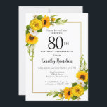 Sunflower White Daisy 80th Birthday Surprise Invitation<br><div class="desc">Pretty yellow sunflower floral 90th birthday card. Yellow peonies and white daisies mingle with the sunflowers. A rectangular gold frame gives it an elegant vibe. Very easy to customize. That back is white with a sunflower bouquet. This is a perfect for a summer birthday celebration. This item is party of...</div>