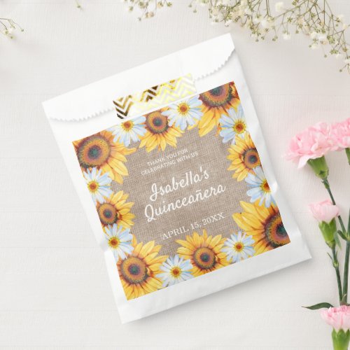 Sunflower White Daisy Burlap Quinceaera Thank You Favor Bag