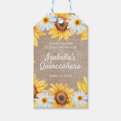 Sunflower White Daisy Burlap Quinceaera Thank You Gift Tags
