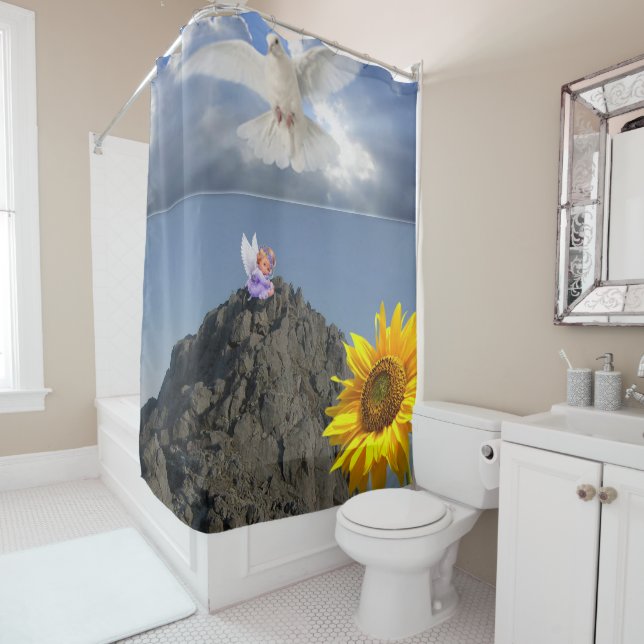 Sunflower White Dove Angel Shower Curtain (In Situ)