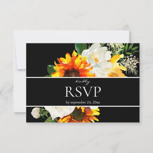 Sunflower  White Floral Artsy with Meal _ Black RSVP Card