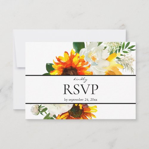 Sunflower  White Floral Artsy with Meal Wedding RSVP Card