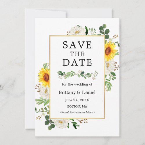 Sunflower White Floral Greenery Save The Date Card