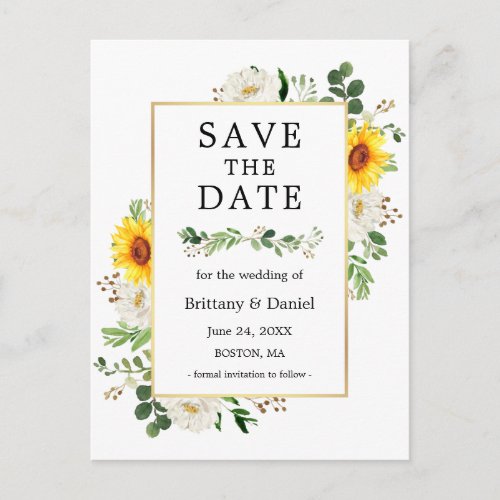 Sunflower White Floral Greenery Save The Date Postcard