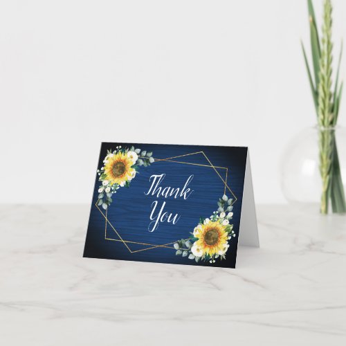 Sunflower White Floral Navy Wood Geometric Wedding Thank You Card
