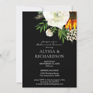 Sunflower & White Floral Rehearsal Dinner - Black Invitation