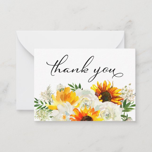 Sunflower & White Floral White 2B Small Thank You Note Card (Front)