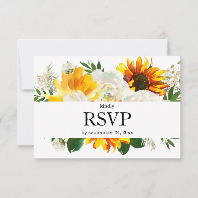 Sunflower & White Floral with Meal Option Wedding RSVP Card (Front)
