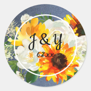 Sunflower & White Monogram Thank You- Blue Jean Classic Round Sticker