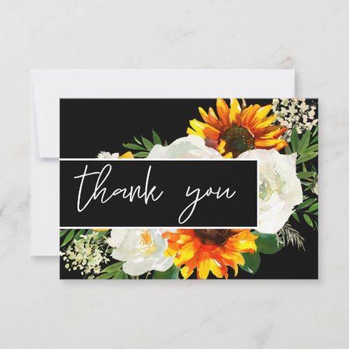 Sunflower  White Rose Artsty Floral _ Black Thank You Card