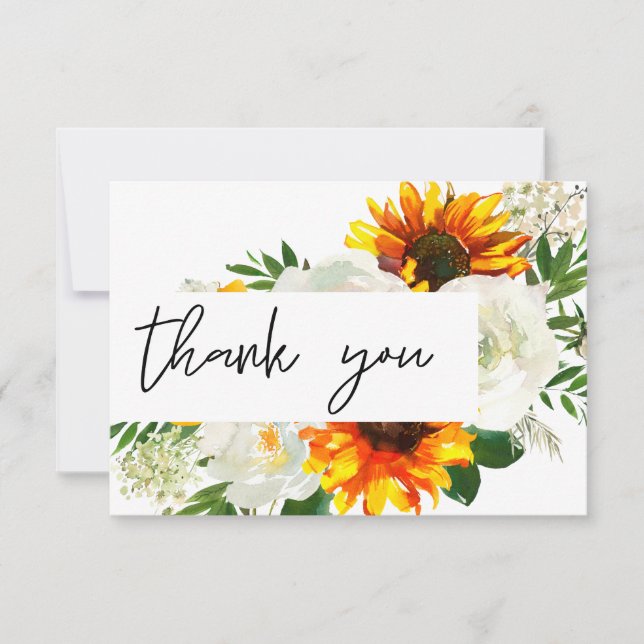Sunflower & White Rose Artsty Floral Thank You Card (Front)