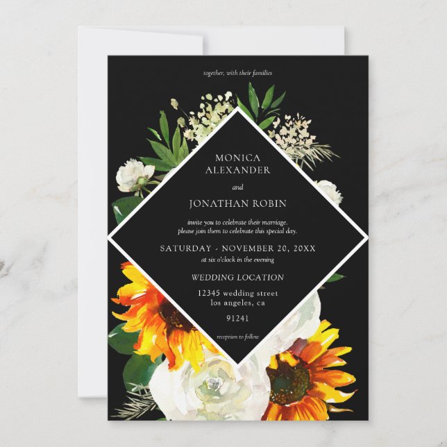 Sunflower & White Rose Artsy Floral Wedding- Black Invitation (Front)