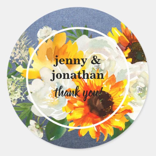 Sunflower  White Rose Blue Jean Thank You Classic Round Sticker