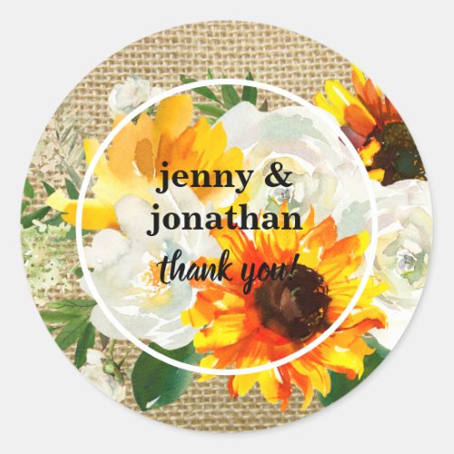 Sunflower  White Rose Burlap Thank You Classic Round Sticker