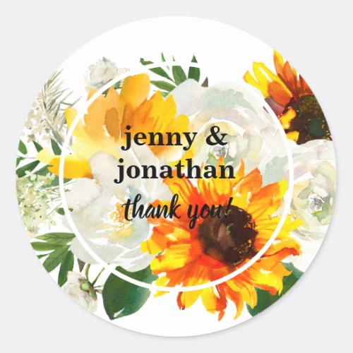 Sunflower  White Rose Burlap Thank You_ White Classic Round Sticker