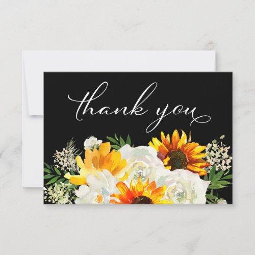 Sunflower  White Rose Floral 2 Black Thank You Card