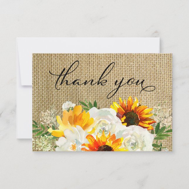 Sunflower & White Rose Floral 2 Burlap  Thank You Card (Front)