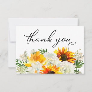 Sunflower & White Rose Floral 2 White  Thank You Card