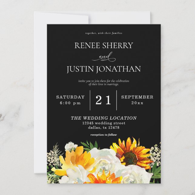 Sunflower & White Rose Floral Black Wedding 2  Invitation (Front)