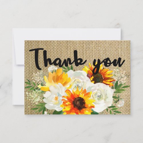 Sunflower  White Rose Floral on Burlap Thank You Card