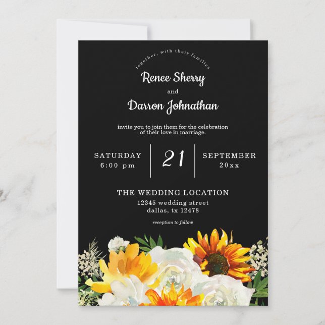 Sunflower & White Rose Floral Wedding - Black Invitation (Front)