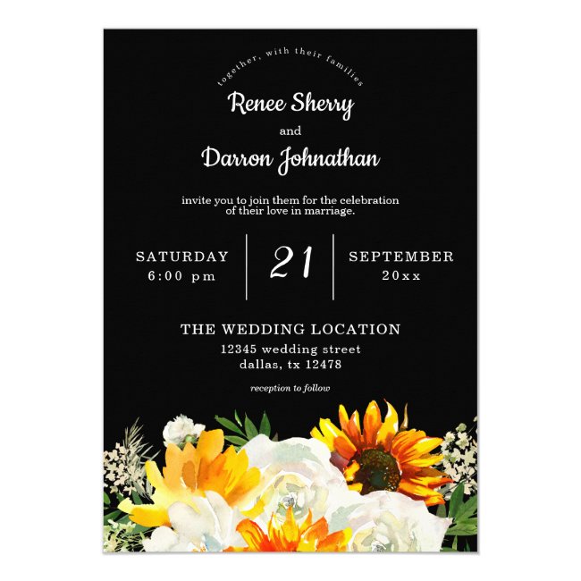 Sunflower & White Rose Floral Wedding - Black Invitation