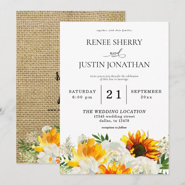Sunflower & White Rose Floral Wedding- Burlap 2 In Invitation (Front/Back)