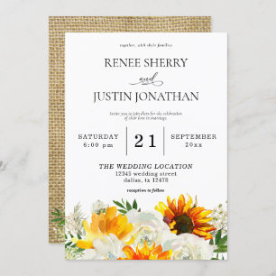 Sunflower & White Rose Floral Wedding- Burlap 2 In Invitation