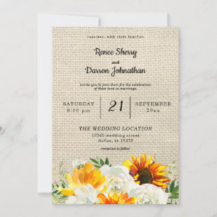 Sunflower & White Rose Floral Wedding- Burlap Invitation