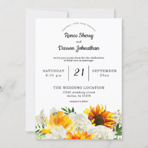 Sunflower & White Rose Floral Wedding Invitation
