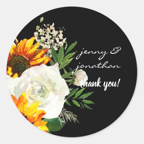 Sunflower  White Rose Thank You_ Black 2 Classic Round Sticker