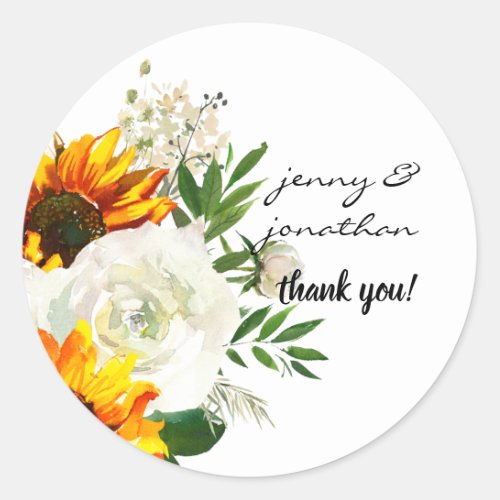 Sunflower  White Rose Thank You_ White 2 Classic Round Sticker