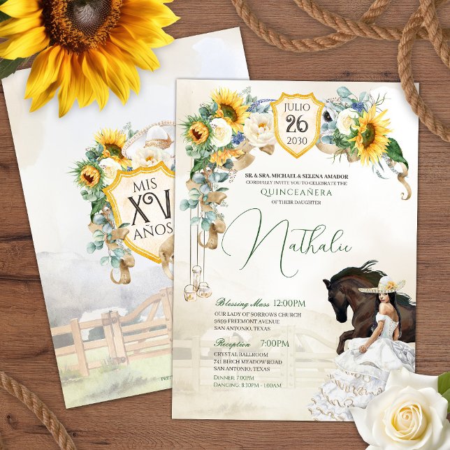 Sunflower White Rose Watercolor Charra Quinceanera Invitation (Creator Uploaded)