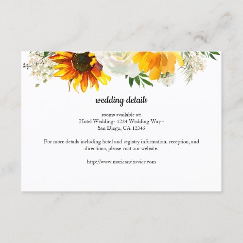 Sunflower  White Rose Wedding or Party Details Enclosure Card